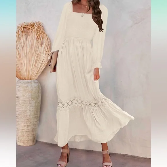 ZESICA Women's Long Sleeve Square Neck Smocked High Waist Flowy Maxi Dress - Picture 1 of 9